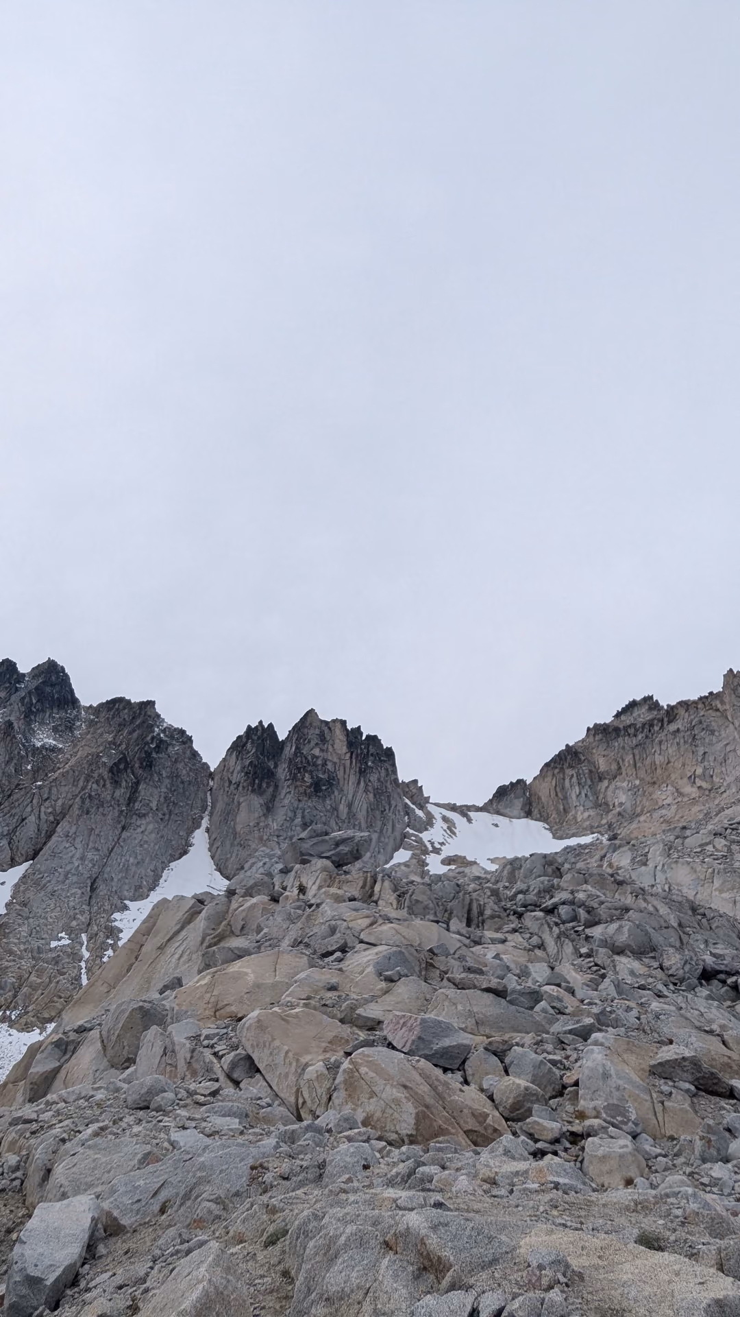 The way up is at the top of that snow-patch on the right